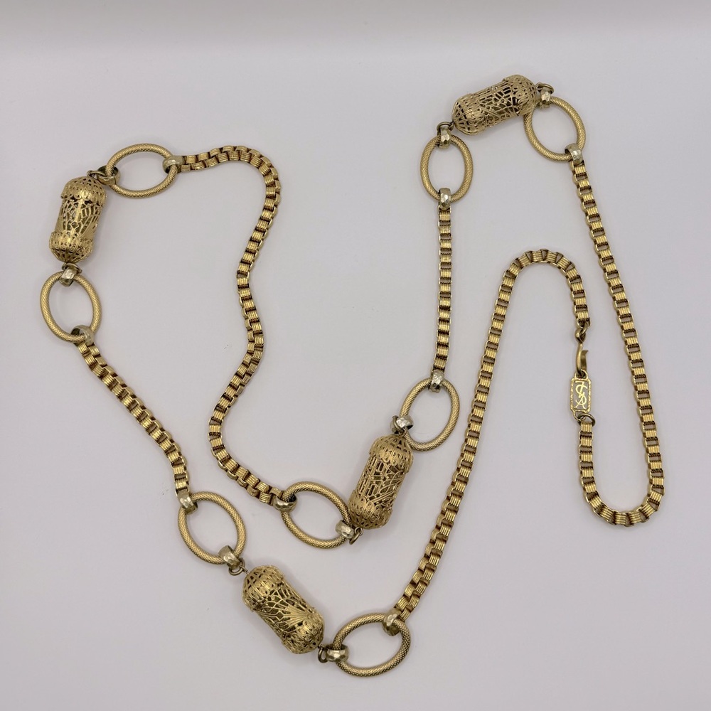 YSL Vintage Long Box Chain Filigree Barrel Necklace